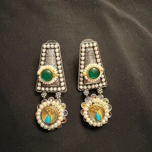 Elegant Silver and Gold Earrings with Green Accents